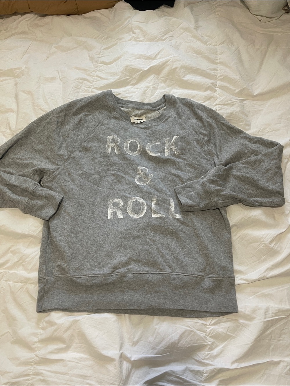Zadig & Voltaire Grey Crewneck Sweater with Metallic 'Rock & Roll' Print